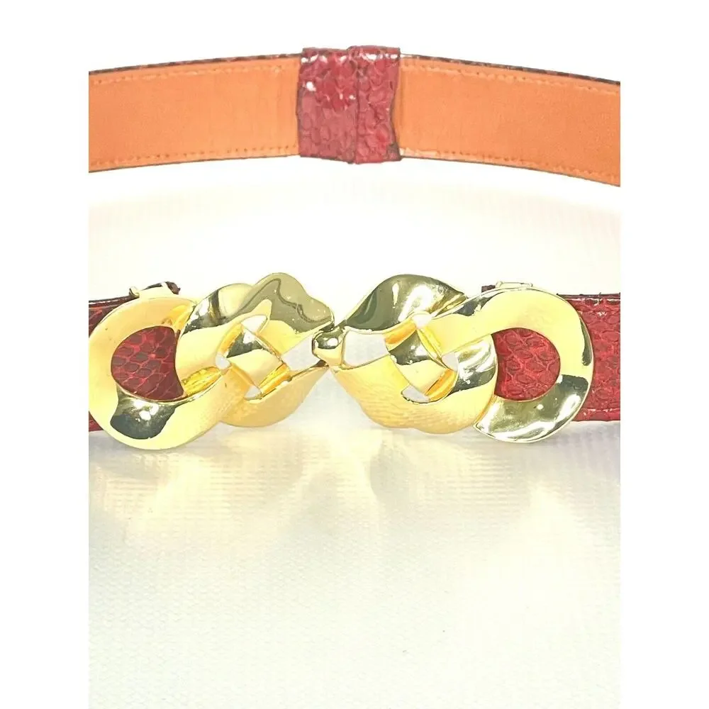 Adjustable Vintage ALEXIS KIRK 80s Red Reptile Gold Love Knot Buckle Belt Signed